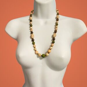 Vintage Glass Beads Natural Stones Green Cream Antiqued Gold Tone Necklace